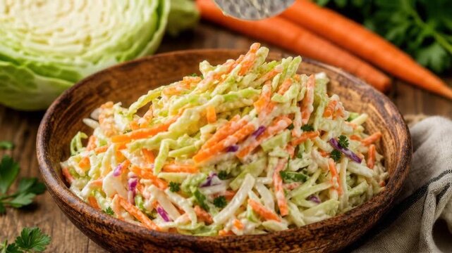 Fresh creamy coleslaw salad with shredded cabbage and carrots in wooden bowl on rustic table