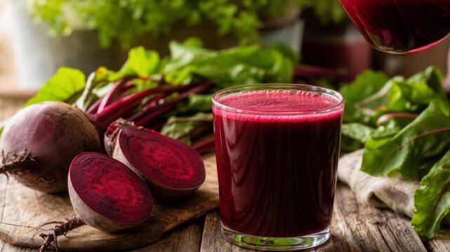 Fresh beetroot juice pouring into a glass with whole and sliced beets on rustic wooden table