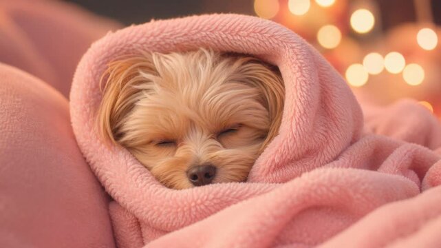 Cute small dog wrapped in soft pink blanket sleeping peacefully with cozy warm atmosphere