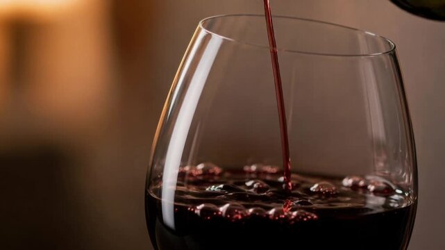 Elegant red wine being poured into a glass with rich color and smooth texture in warm lighting