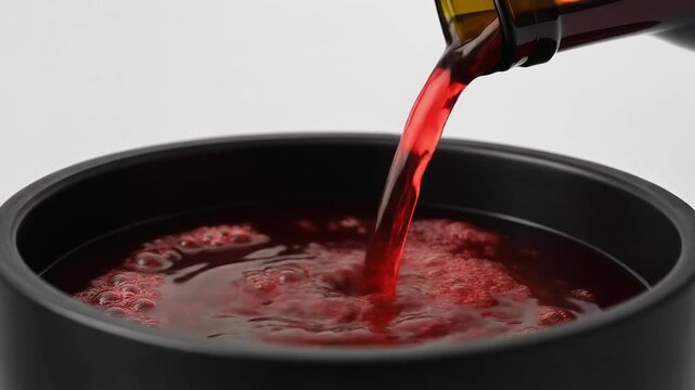 Close up of red liquid being poured into a black bowl with bubbles on surface