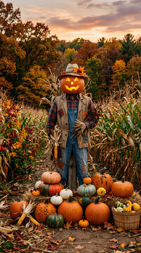 Spooky pumpkin head scarecrow celebrating a festive autumn holi day scene
