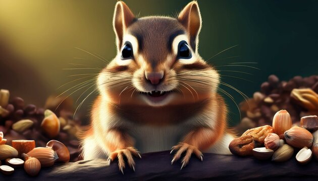 Adorable Chipmunk with Chubby Cheeks and Big Eyes Storing Various Nuts on a Log in Autumn Forest