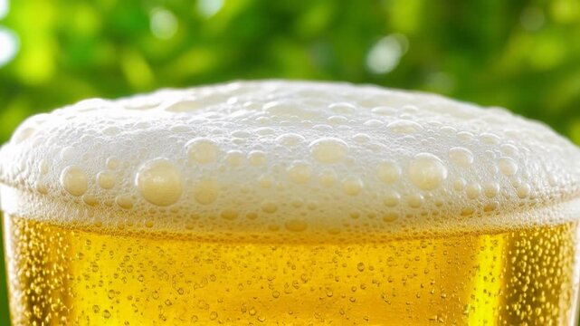 Close up of cold fresh beer with bubbles and frothy foam in glass with green background