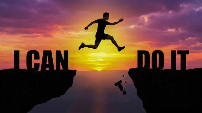 Silhouette of a man jumping over a chasm with the words I CAN DO IT against a sunset sky.