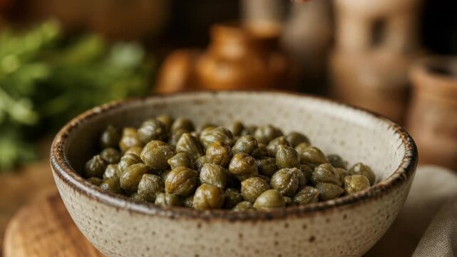 Close up of hand picking green capers from ceramic bowl fresh healthy food ingredient