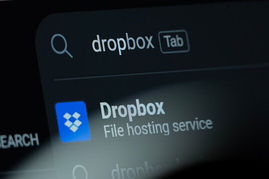 San Francisco, United States - 09 Aug 2026: Search result for Dropbox is seen on a digital screen.