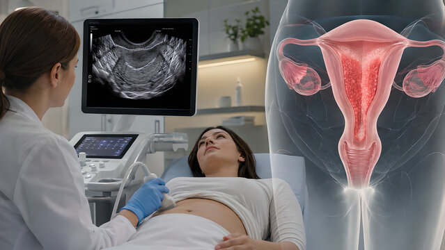 Endometrial hyperplasia clinical procedure and ultrasound screening of the uterus, showing thickened endometrium for gynecology diagnosis, medical education, radiology, and patient communication