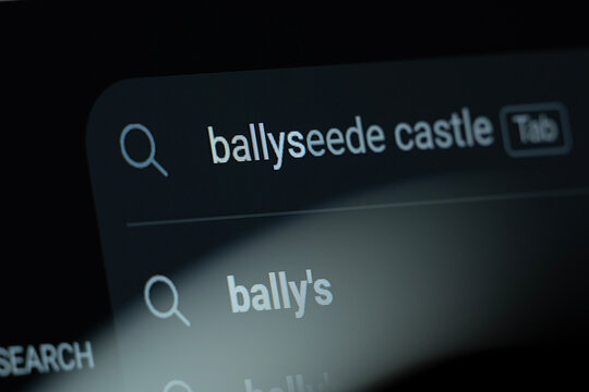 Providence, United States - 09 Aug 2026: Search suggestions for Bally's are seen on a digital screen.