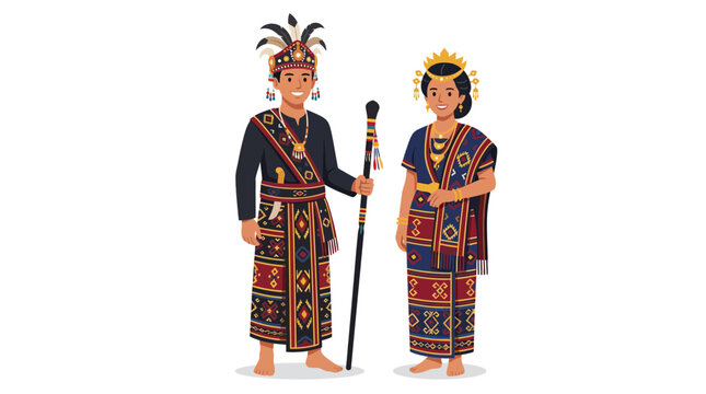 Pair of people in Borneo Dayak indigenous ceremonial clothing.