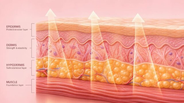 Detailed cross section illustration of human skin layers showing epidermis dermis hypodermis and muscle with functions