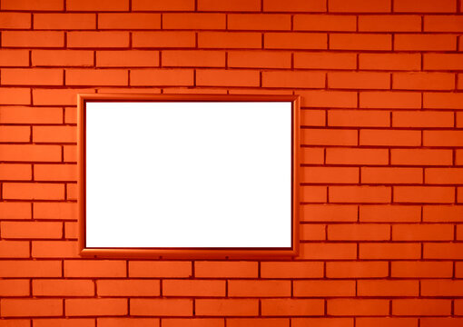  1 one empty white blank horizontal picture frames hanging on red brick wall. Template, mock up mock-up mockup for your picture or poster. Copy space. 3D rendering