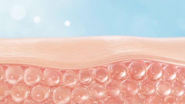 Close up view of healthy skin layers showing soft tissue and fat cells under blue light background