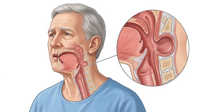 Medical illustration of an elderly man with a pharyngeal diverticulum