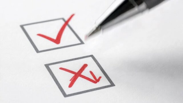 Close up of pen marking red cross and check marks on paper checklist for decision or survey concept