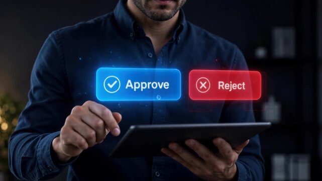 Businessman using tablet choosing approve or reject digital buttons for decision making