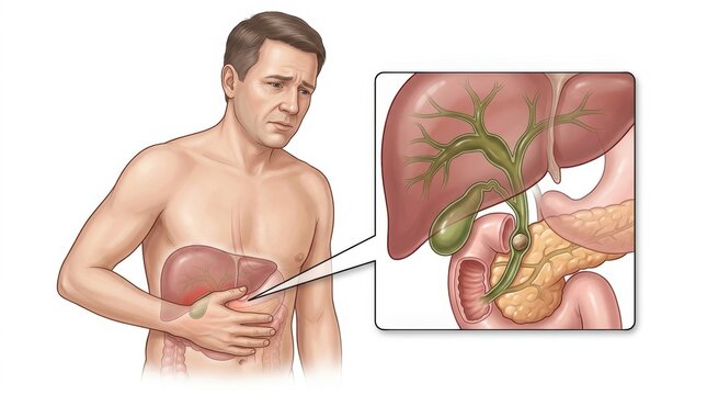 Man experiencing pain from gallstones in the gallbladder and bile ducts