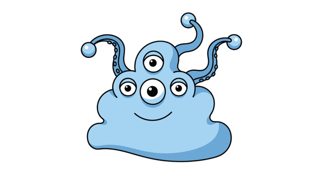Cute Blue Monster With Tentacles and Three Eyes, Cartoon Alien Character