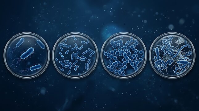 Microscopic view of various types of bacteria including bacilli, cocci, and spirilla in petri dishes against a dark blue background