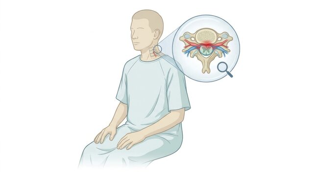 Medical illustration of a patient with cervical spine compression and nerve impingement