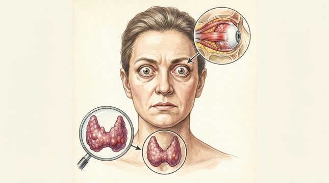 Illustration of a woman's face showing symptoms of Graves' disease and thyroid gland