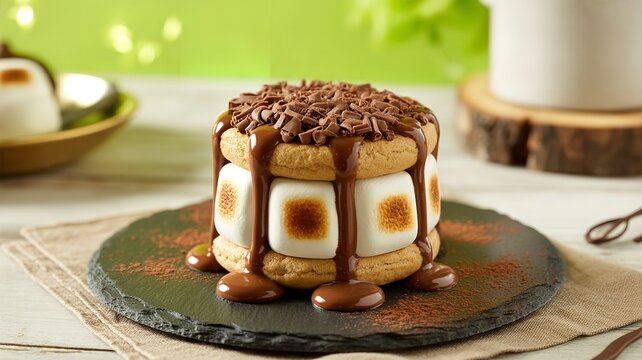 Chocolate-drizzled dessert cake slice with whipped cream and cocoa on rustic plate