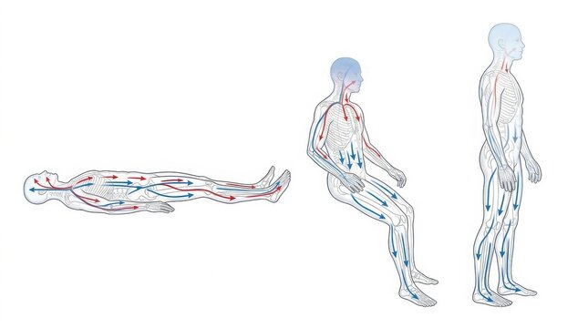 Circulatory system blood flow illustration in different body positions