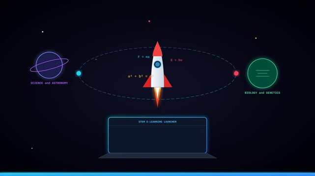 Rocket Launch Animation with HUD Graphics and Space Orbiting Planet