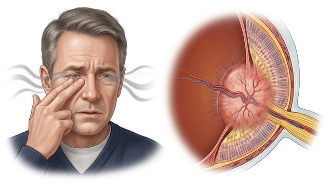 Man experiencing eye discomfort and detailed cross-section of the human eye