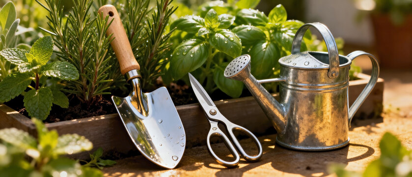 Fresh herbs and gardening tools in a sunny backyard. Metal trowel, scissors, and watering can next to a wooden planter box with basil and mint