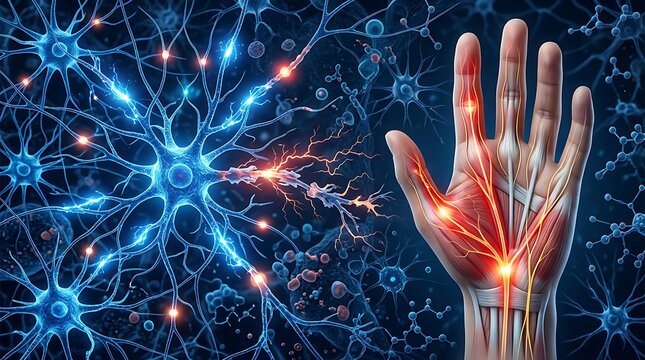 Conceptual illustration of neural pathways and nerve pain in the human hand