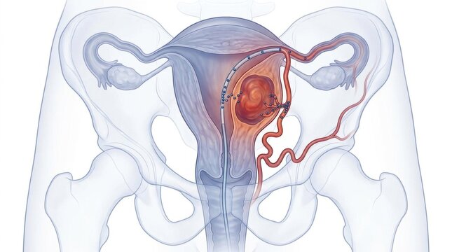 Uterine fibroid embolization procedure illustration showing treatment of a large fibroid