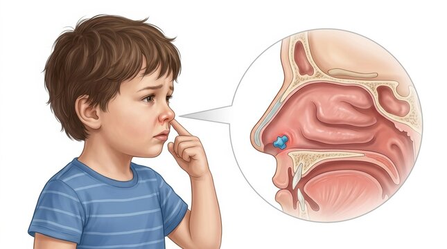 Child with nasal foreign body, illustration of internal nasal anatomy
