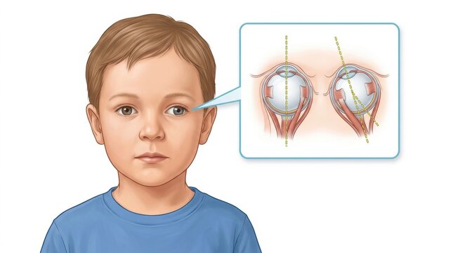 Child's eye anatomy illustration showing strabismus and normal alignment