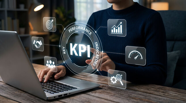 Person touching KPI icon for key performance indicators dashboard system
