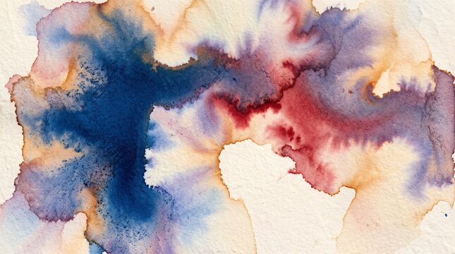 Abstract watercolor painting with soft blue and red ink bleeding on textured paper.