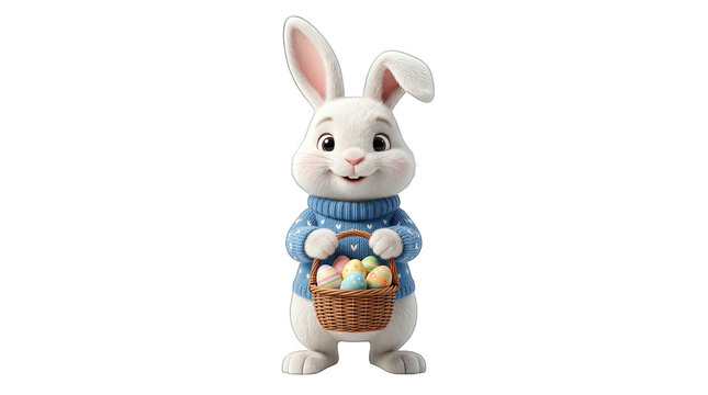 Cute easter bunny wearing a blue sweater holding a basket of colorful eggs isolated on transparent background