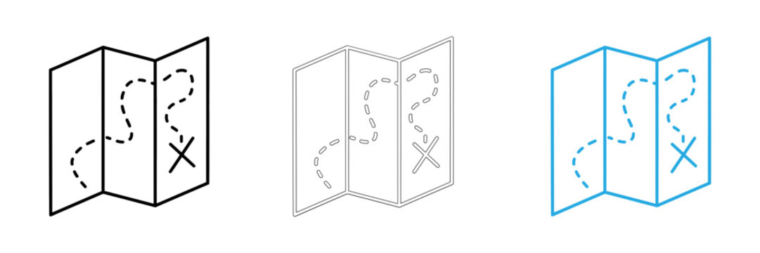 Set of three isometric treasure map icons with dashed path lines and an x mark for destination