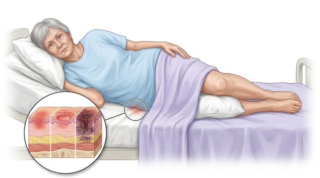 Elderly woman in bed with illustration of pressure sore development stages