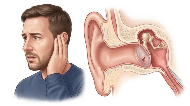 Man experiencing ear pain next to a cross-section of the human ear anatomy