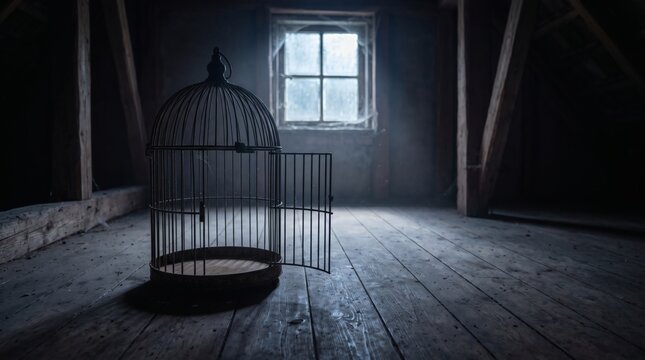 An empty birdcage with an open door sitting on a dusty wooden floor in a dark attic.