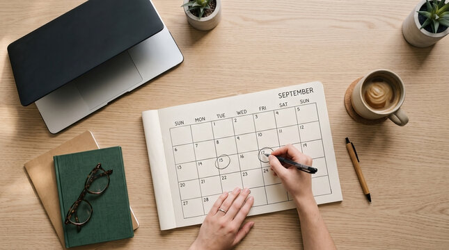 Top view of student hands organizing a paper calendar on a wooden desk. Flat lay of workspace with laptop, notebook, coffee, and plants. Time management and planning concept