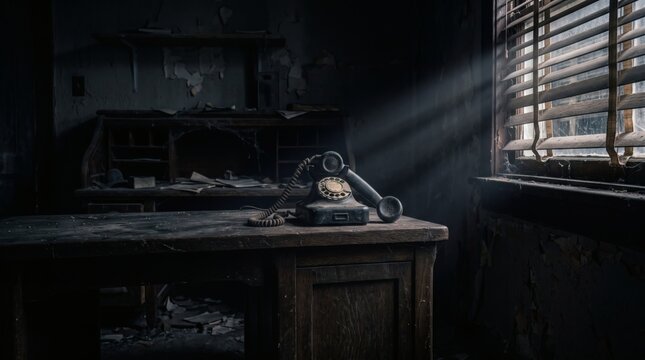 Vintage rotary telephone sitting on a dusty wooden desk in a dark abandoned room.