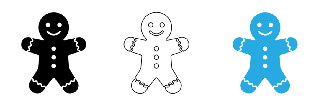 Set of three gingerbread man icons in black outline and blue styles for christmas holiday design projects