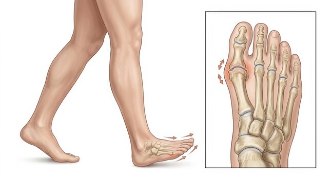Medical illustration showing a person's foot with a bunion and bone structure
