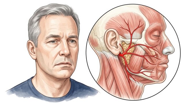 Medical illustration of facial anatomy showing nerves and salivary glands