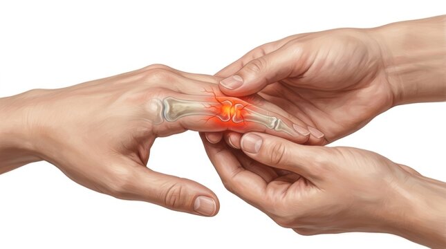 Close-up of a painful finger joint with inflammation and bone structure highlighted