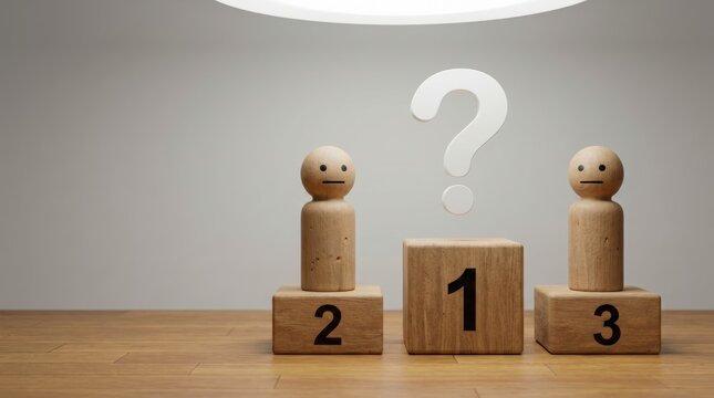 Wooden figures on podium with question mark above symbolizing uncertainty.