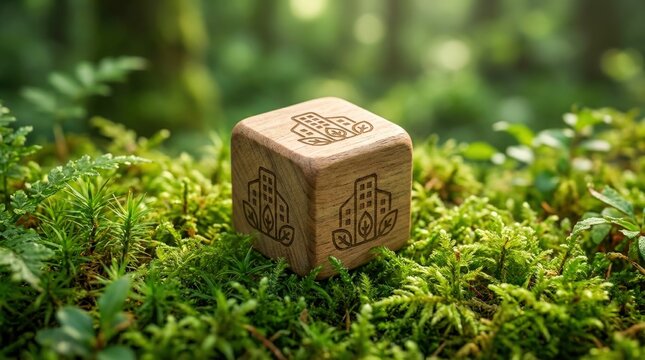 Wooden cube with engraved building icons rests on vibrant green moss in a sunlit forest.