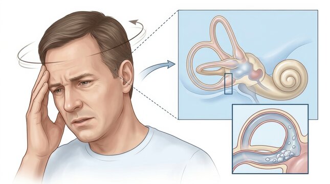 Man experiencing vertigo with inner ear anatomy illustration